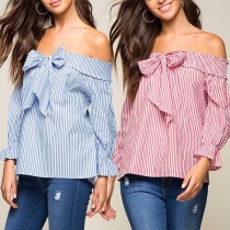 Sexy Bowknot Boat Neck Long Sleeve Striped Blouse