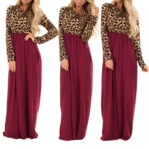 Fashion Leopard Spliced Long Sleeve Round Neck Maxi Dress