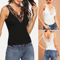 Sexy Backless V-neck Lace Spliced Solid Color Top