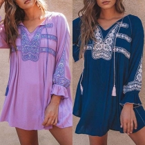 Fashion Long Sleeve V-neck Embroidery Spliced Loose Dress