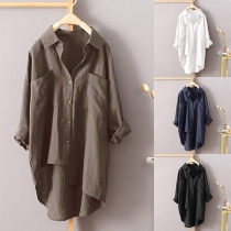 Fashion Solid Color Long Sleeve High-low Hem Shirt 