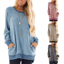 Fashion Contrast Color Long Sleeve Round Neck Loose T-shirt 