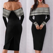 Sexy Off-shoulder Boat Neck Slit Hem Slim Fit Printed Dress