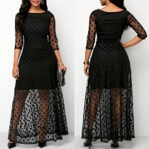 Sexy Dots Gauze Spliced 3/4 Sleeve High Waist Dress