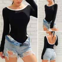 Sexy Backless Long Sleeve Contrast Color Bodysuit