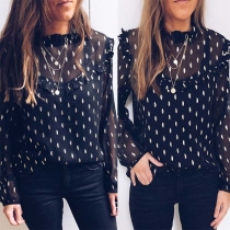 Sweet Style Long Sleeve Ruffle Stand Collar Printed Top