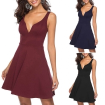 Sexy Backless Deep V-neck Solid Color Sling Dress