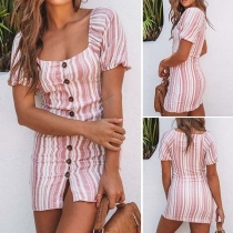 Fashion Short Sleeve Square Collar Front-button Striped Dress