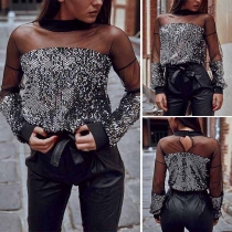 Sexy See-through Gauze Spliced Long Sleeve Sequin Top