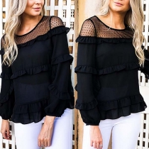 Sexy See-through Lace Spliced Long Sleeve Ruffle Top