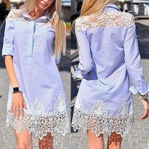 Fashion Lace Spliced Long Sleeve POLO Collar Striped Shirt Dress