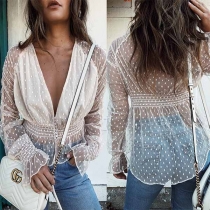 Sexy Deep V-neck Trumpet Sleeve See-through Gauze Top