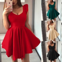 Elegant Solid Color Lotus Sleeve V-neck High Waist Dress