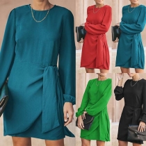 Fashion Solid Color Long Sleeve Round Neck Lace-up Dress