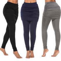 Fashion Solid Color High Waist Mock Two-piece Leggings