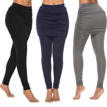Fashion Solid Color High Waist Mock Two-piece Leggings