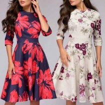 Fashion Half Sleeve Round Neck High Waist Printed A-line Dress