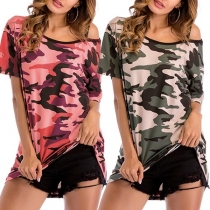 Sexy Off-shoulder Short Sleeve Camouflage Printed T-shirt 