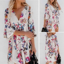 Sexy V-neck Trumpet Sleeve Loose Printed Dress