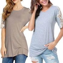 Fashion Hollow Out Lace Spliced Short Sleeve Round Neck T-shirt