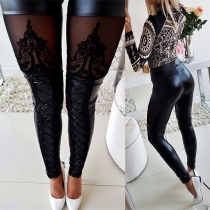 Sexy Lace Spliced High Waist Slim Fit PU Leather Pants
