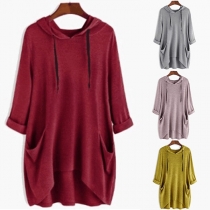 Fashion Solid Color 3/4 Sleeve High-low Hem Hooded Sweatshirt