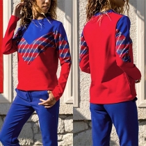 Fashion Contrast Color Printed Long Sleeve Round Neck T-shirt