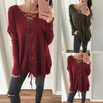 Fashion Solid Color Long Sleeve Lace-up V-neck Sweatshirt