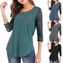 Fashion Lace Spliced 3/4 Sleeve Round Neck T-shirt 