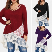 Fashion Long Sleeve Lace Spliced Irregular Hem Top