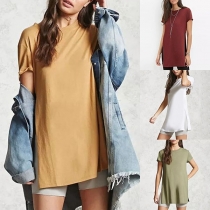 Simple Style Short Sleeve Round Neck Slit Hem Solid Color T-shirt 