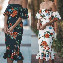 Sexy Off-shoulder Boat Neck Fishtail Hem Slim Fit Printed Dress