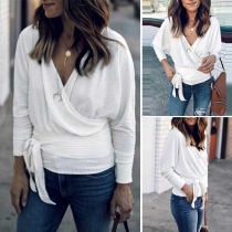 Sexy Deep V-neck Dolman Sleeve Solid Color Knit Top