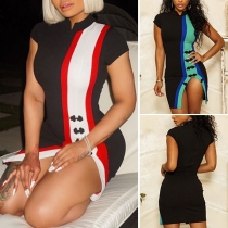 Retro Style Short Sleeve Stand Collar Contrast Color Dress