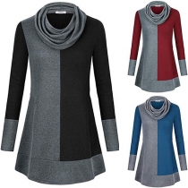 Fashion Contrast Color Long Sleeve Cowl Neck Top