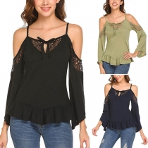 Sexy Off-shoulder Long Sleeve Ruffle Hem Lace Spliced Sling Top