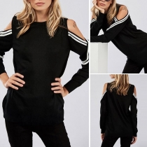 Sexy Off-shoulder Striped Spliced Long Sleeve Round Neck Knit Top