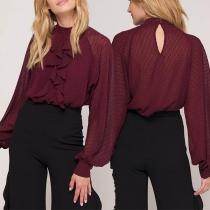 Fashion Lantern Sleeve Stand Collar Ruffle Blouse