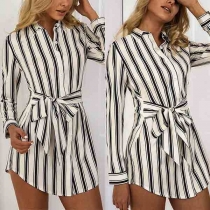 Fashion Long Sleeve POLO Collar Lace-up Striped Shirt Dress