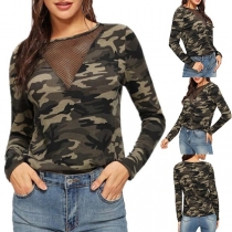Sexy Gauze Spliced Long Sleeve Camouflage Printed T-shirt