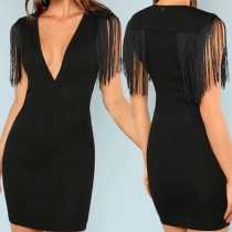 Sexy Deep V-neck Sleeveless Slim Fit Tassel Dress