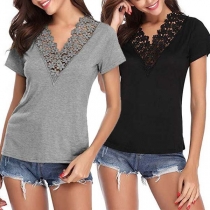 Fashion Solid Color Short Sleeve Lace Spliced V-neck T-shirt