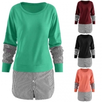 Fashion Striped Spliced Long Sleeve Round Neck Mock Two-piece T-shirt 