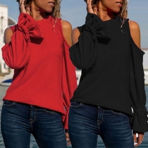 Sexy Off-shoulder Long Sleeve Round Neck Solid Color Top