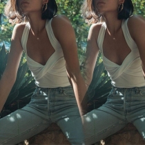 Sexy Backless V-neck Solid Color Sleeveless Crop Top