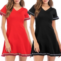 Sexy Back Lace-up Short Sleeve V-neck Tassel A-line Dress