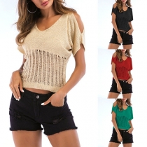 Sexy Off-shoulder Short Sleeve V-neck Hollow Out Knit Top