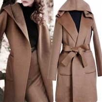 Fashion Solid Color Long Sleeve Hooded Woolen Coat with Waist Strap