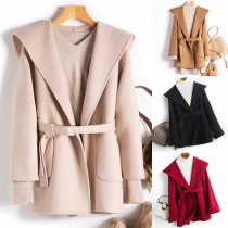 Fashion Solid Color Long Sleeve Hooded Woolen Coat with Waist Strap