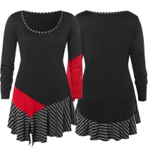 Fashion Contrast Color Striped Spliced Long Sleeve Irregular Hem Dress